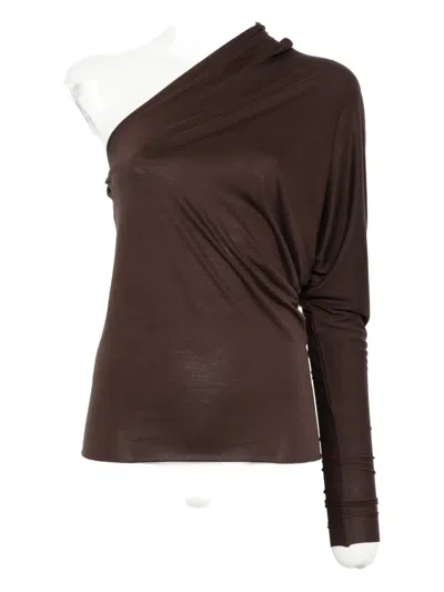 Rick Owens One-shoulder Long-sleeve Top In Brown