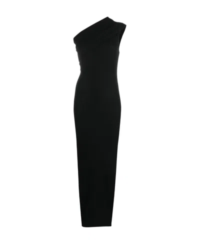 Rick Owens Athena Long Black Ribbed One Shoulder Dress In Wool