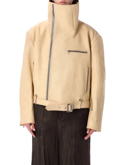 Rick Owens Oversized Biker Jacket With Funnel Neck And Adjustable Belt In Neutral