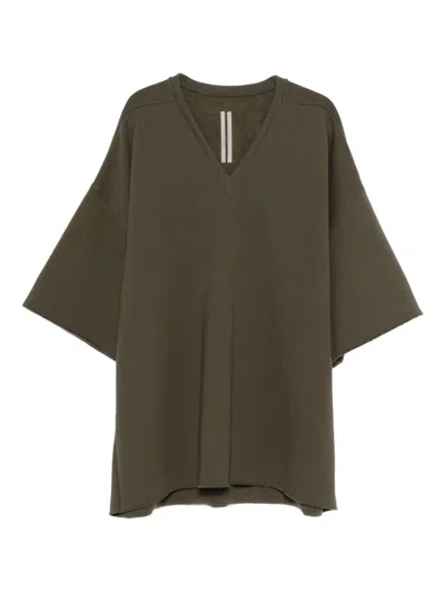 Rick Owens Oversized V-neck T-shirt With Signature Shoulder Seams In Green