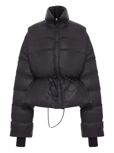 Rick Owens Black Down Jacket With Drawstring Waist And High Neck In Tech Fabric Woman