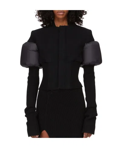 Rick Owens Padded-panels Ribbed-knit Fitted Jacket In Black