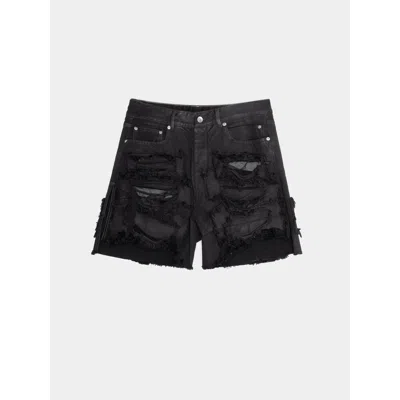 Pre-owned Rick Owens 'phlegathon' Destroyed Trucker Jean Shorts In Black