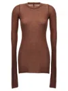 Rick Owens Ribbed Crew Neck Sheer Long Sleeve Top In Brown