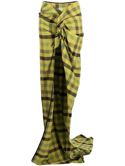Rick Owens Plaid Draped Train Skirt In Green