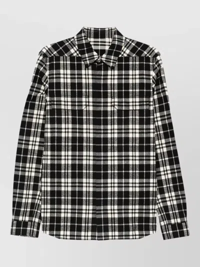 Rick Owens Plaid Long Sleeve Shirt Button Collar Pockets In Black