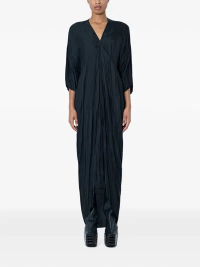 Rick Owens Pleated V-neck Maxi Dress In Blue