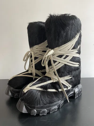 Pre-owned Rick Owens Pony Hair Fur Megalace Lunar Boots (45) In Black