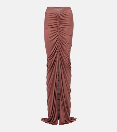 Rick Owens Poppy Ls Ruched Jersey Maxi Skirt In Brown