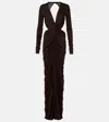 Rick Owens Poppy Ls Ruched Open-back Jersey Gown In Brown
