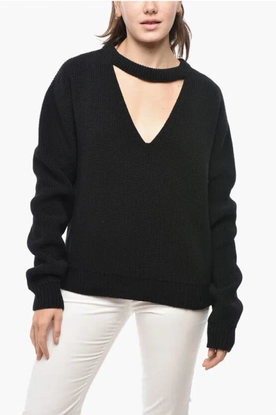 Rick Owens Porterville Crew Neck Wool Sweater With Cut-out In Black
