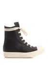 Rick Owens High-top Black Leather Sneakers With Side Zip And Rubber Sole In Multi
