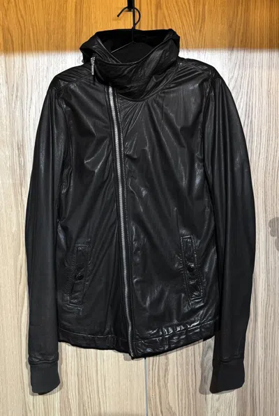 Pre-owned Rick Owens Pre'13 $3752 Mainline Asymmetrical Zip Hooded Leather Jacket In Black
