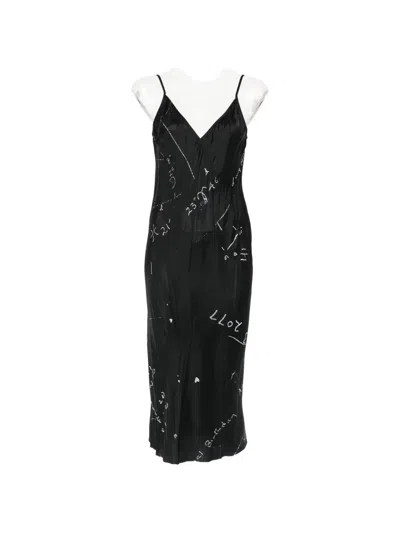 Rick Owens Printed Slip Midi Dress In Black
