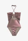 Rick Owens Prong Bather Metallic Halterneck Swimsuit In Pink