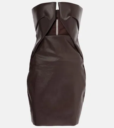 Rick Owens Prong Cutout Coated Denim Bustier Dress In Brown