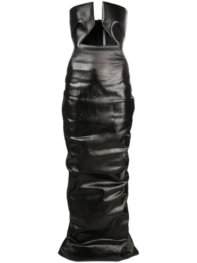 Rick Owens Strapless Cutout Ruched Coated-denim Gown In Black