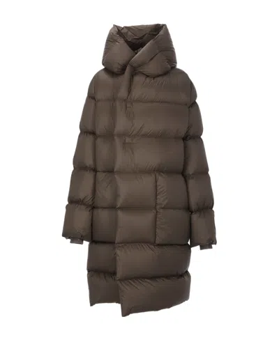 Rick Owens Quilted Hooded Coat In Brown