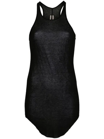 Rick Owens Black Ribbed Tank Top With Curved Hem In Viscose And Silk Blend Woman