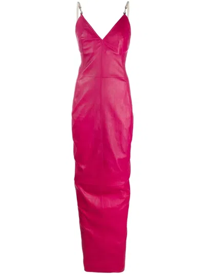 Rick Owens Leather Fitted Long Dress With Hook Strap Details In Fuxia
