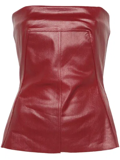 RICK OWENS RED COATED DENIM BUSTIER TOP