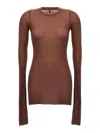 Rick Owens Ribbed Crew Neck Sheer Long Sleeve Top In Brown