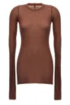Rick Owens Ribbed Crew Neck Sheer Long Sleeve Top In Brown