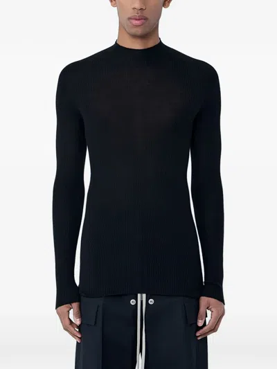 Rick Owens Ribbed Wool Turtleneck Sweater With Center-back Seam In Black