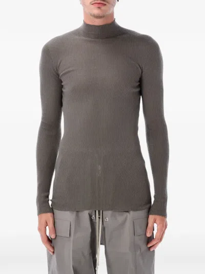 Rick Owens Minimalist Ribbed Wool Turtleneck Sweater With Center-back Seam In Gray