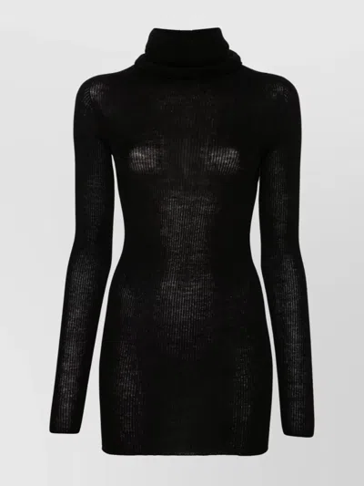 Rick Owens Ribbed Texture Wool Turtleneck Jumper In Black