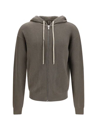 Rick Owens Ribbed Virgin Wool Knit Hoodie In Gray