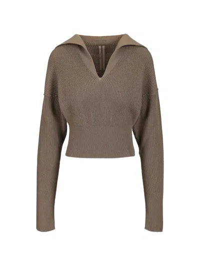 Rick Owens Ribbed V-neck Cropped Sweater In Brown