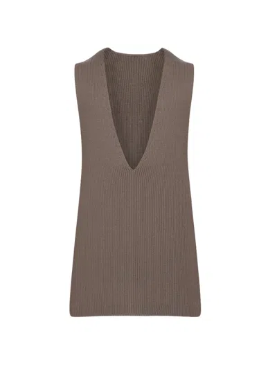Rick Owens Ribbed V-neck Tank Top In Brown