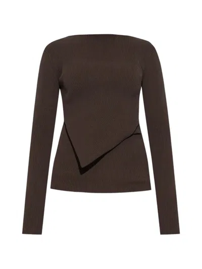 Rick Owens Ribbed-knit Asymmetric-detail Sweater In Brown