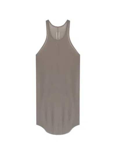 Rick Owens Ribbed Knit Sleeveless Tank With Curved Hem And Semi-sheer Finish In Gray