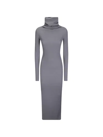 Rick Owens Ribbed-knit Long-sleeve Maxi Dress In Gray