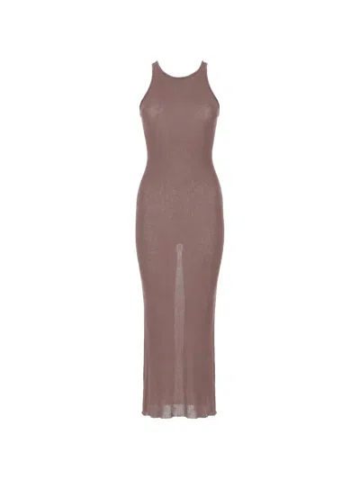 Rick Owens Sleeveless Midi Dress With High Neckline And Contrasting Collar In Brown