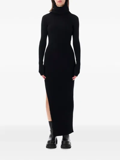 Rick Owens Ribbed Knit Turtleneck Midi Dress With Side Slit In Black