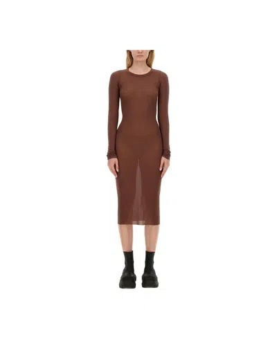 RICK OWENS RICK OWENS RICK OWENS RIB-KNIT DRESS.
NATURAL COCOA COLOR.
SLIGHTLY SHEER.
RAW-CUT COLLAR AND CUFF H