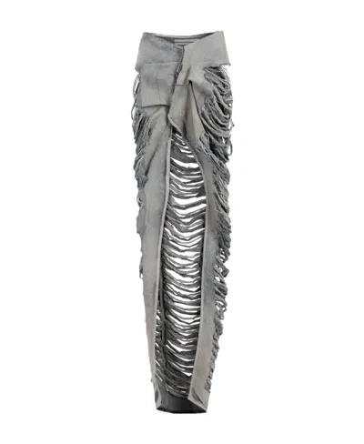 RICK OWENS RICK OWENS DISTRESSED MIDI DENIM SKIRT
