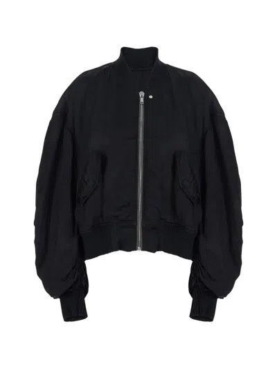 Rick Owens Secchia Flight Black Bomber Jacket With Ruffled Sleeves In Cupro Woman