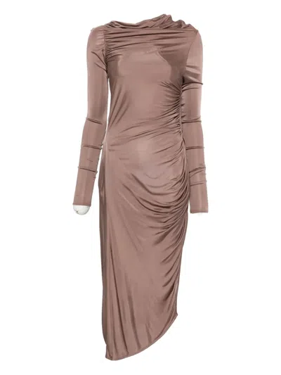 Rick Owens Ruched Midi Dress In Brown