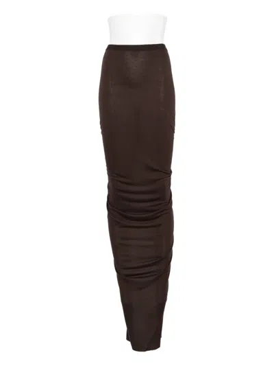 Rick Owens Ruched Midi Skirt In Brown
