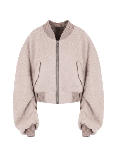 Rick Owens Ruched Sleeve Cropped Wool Bomber Jacket With Elasticized Hem And Cuffs In Neutral