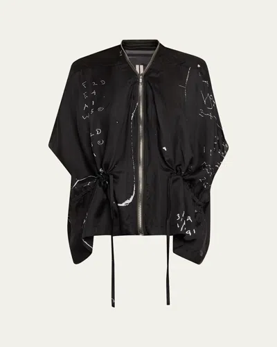Rick Owens Round Neck Graphic Print Drawstring Hem Jacket In Black