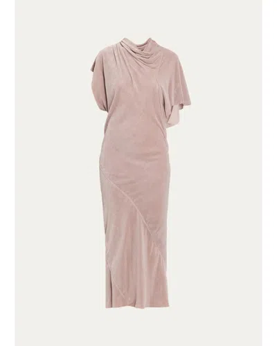Rick Owens Seb Draped Velvet Asymmetric Short-sleeve Midi Dress In Pink