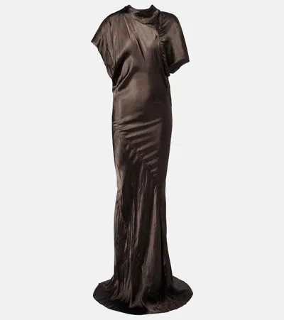 Rick Owens Asymmetric Neckline Floor Length Dress Train In Brown