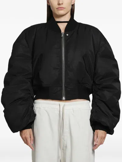 Rick Owens Cropped Black Jacket With Voluminous Ruched Sleeves In Purple