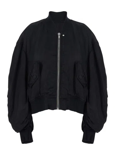 Rick Owens Secchia Flight Black Bomber Jacket With Ruffled Sleeves In Cupro Woman