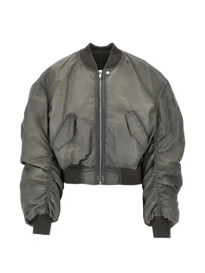 Rick Owens Secchia Flight Cropped Ruched-sleeve Bomber Jacket In Gray